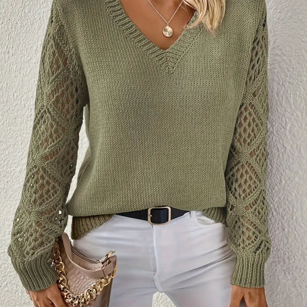 Openwork V Neck Long Sleeve Sweater