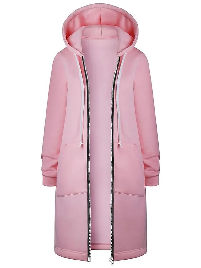 Women's Casual Jacket Fall Windproof Hoodie Jacket with Pockets Casual Workout Regular Long Coat Warm Stylish Long Sleeve Plain Black Pink Wine Sport Street