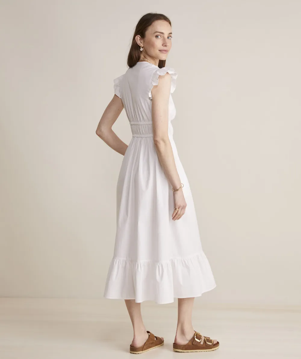 Poplin Flutter-Sleeve Midi Dress