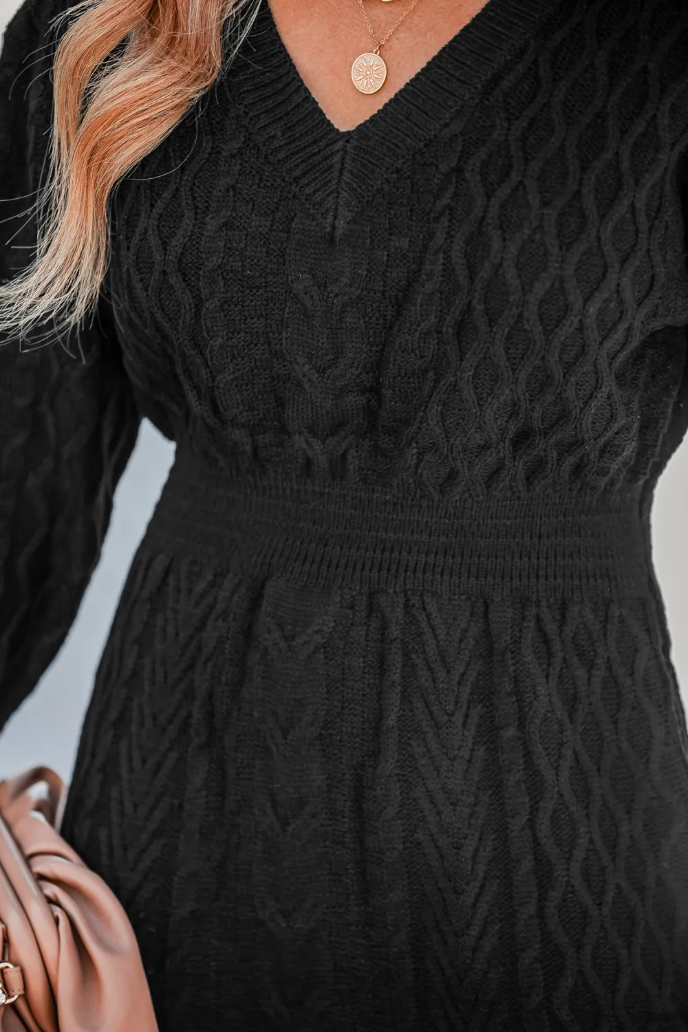 V-Neck Ribbed Cable Knit Sweater Dress