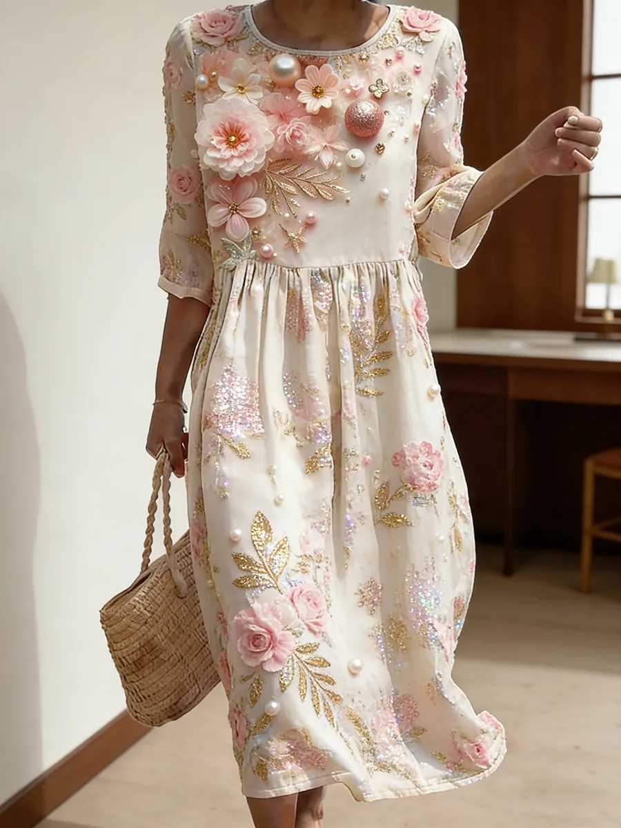 Women's Romantic Pink Sparkle Flower Pearl Pattern Linen Blended Dress