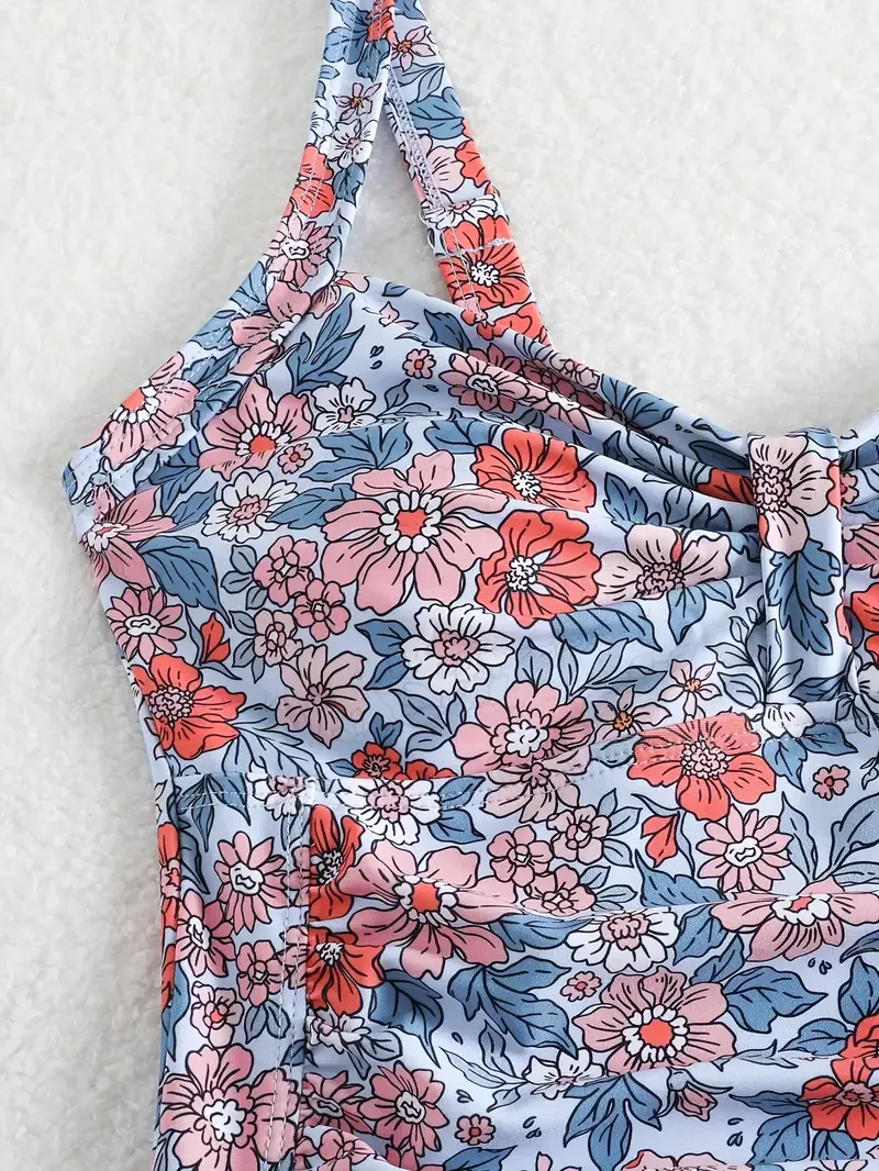 Chic Floral One-Piece Swimsuit for Women - Sexy V-Neck with Ruched Bust, High-Waisted, Tummy Control, Removable Pads, Stretch Polyester Fabric, Perfect for Beach & Poolside, Poolside Attire|Ruched Swimwear|Comfortable Knit Swimwear