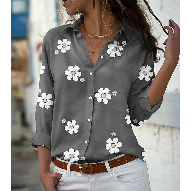 Women's Blouse Floral Floral Print Pink Blue Green Button Long Sleeve Daily Basic Shirt Collar Spring Fall Spring, Fall, Winter, Summer