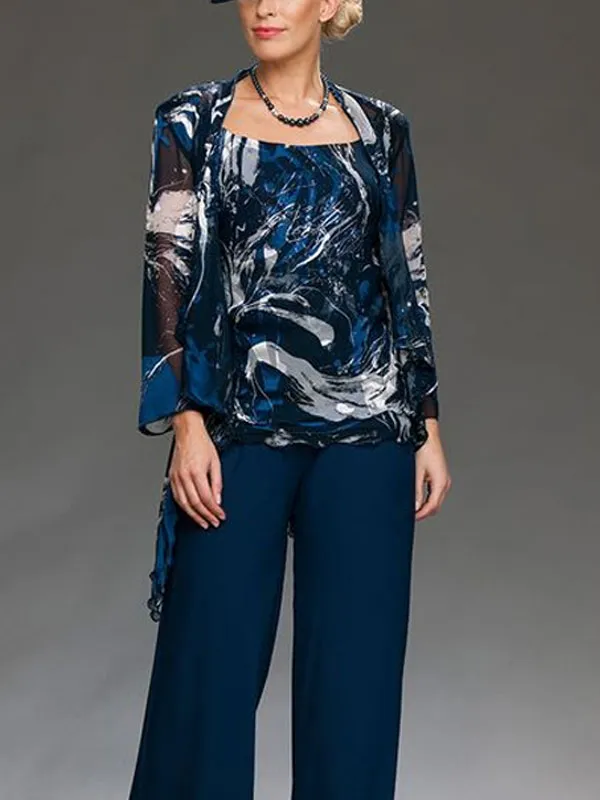 Elegant lady's three-piece suit with printed cardigan