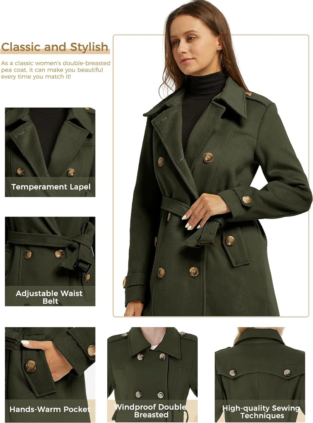 Women's Double Breasted Pea Coat Winter Mid-Long Trench Coat with Belt