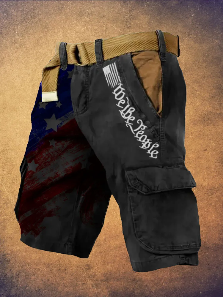 Men's Vintage Flag Independence Day We the People Print Cargo Shorts