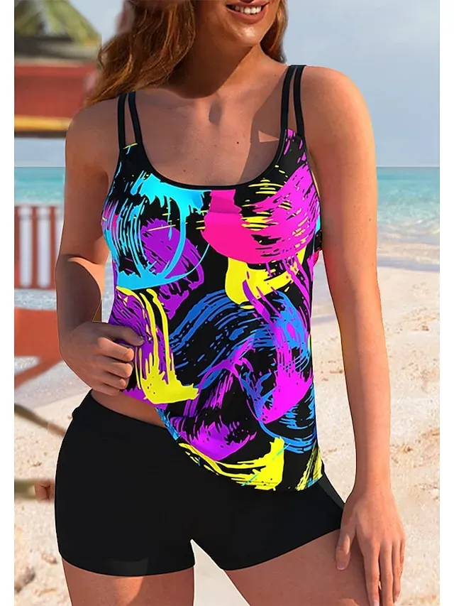 Women's Swimwear Tankini 2 Piece Plus Size Swimsuit 2 Piece Graphic Light Blue Yellow Blue Purple Rainbow Tank Top High Neck Bathing Suits Sports Summer