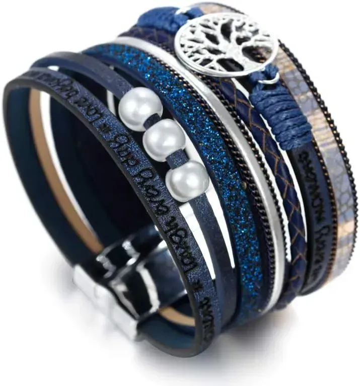 Fesciory Leather Wrap Bracelets for Women, Boho Leopard Multi-Layer Crystal Beads Cuff Bracelet Jewelry