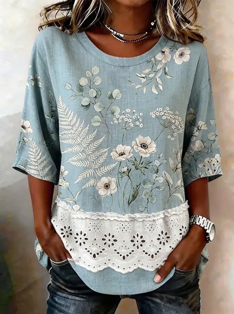 Women's Nashville Botanical Floral Fern Printed Lace Trim Top