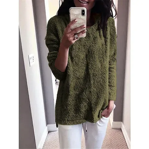 Women's Pullover Sweater Jumper Stylish Casual Soft Solid Color Fuzzy Crew Neck Oversized Long Sleeve Long Tops Knit Outdoor Daily Going out Lake blue ArmyGreen Fall Winter