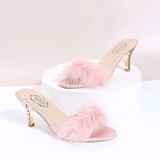 Women's Sandals Furry Feather High Heel Pointed Toe Faux Fur PU Loafer Solid Colored Black Rosy Pink Beige