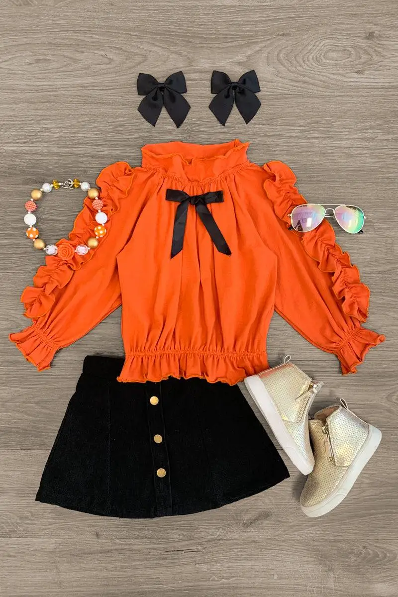 Orange & Black Corduroy Skirt Set