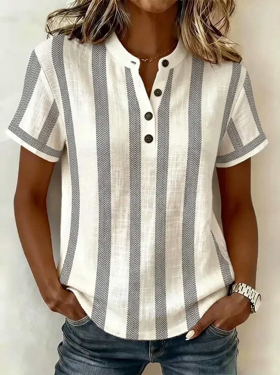 Women's Nashville Travel Herringbone Striped Printed Henley Top