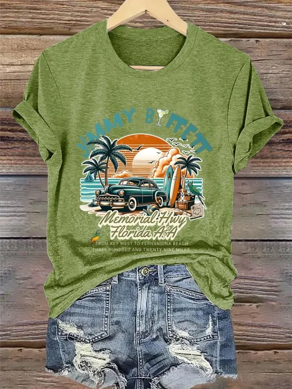 Retro Vacation Palm Trees Memorial Hwy Florida From Key West To Fernandina Beach Three Hundred And Twenty Nine Miles Print T-Shirt