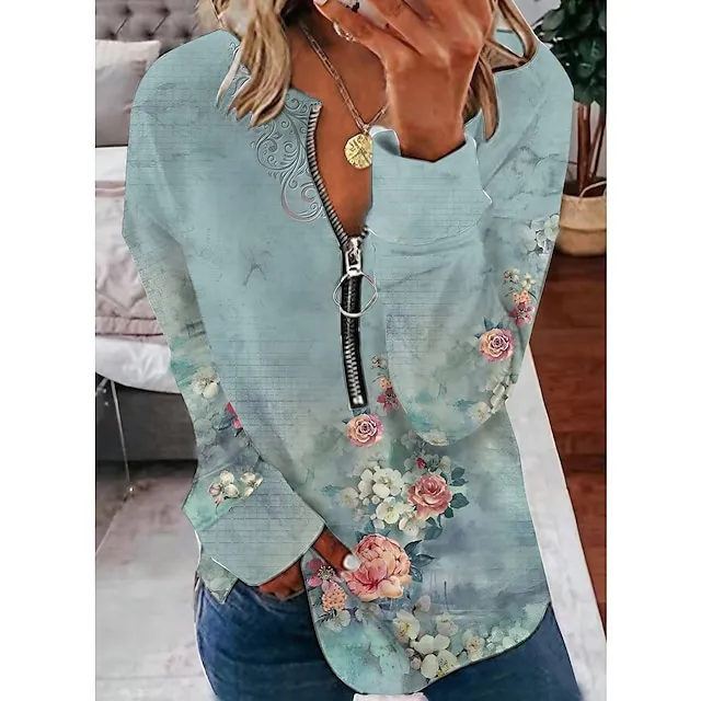 Women's Sweatshirt Pullover Active Vintage Streetwear Quarter Zip Print Black Yellow Red Floral Daily Sports V Neck Long Sleeve Without Lining Micro-elastic Fall & Winter