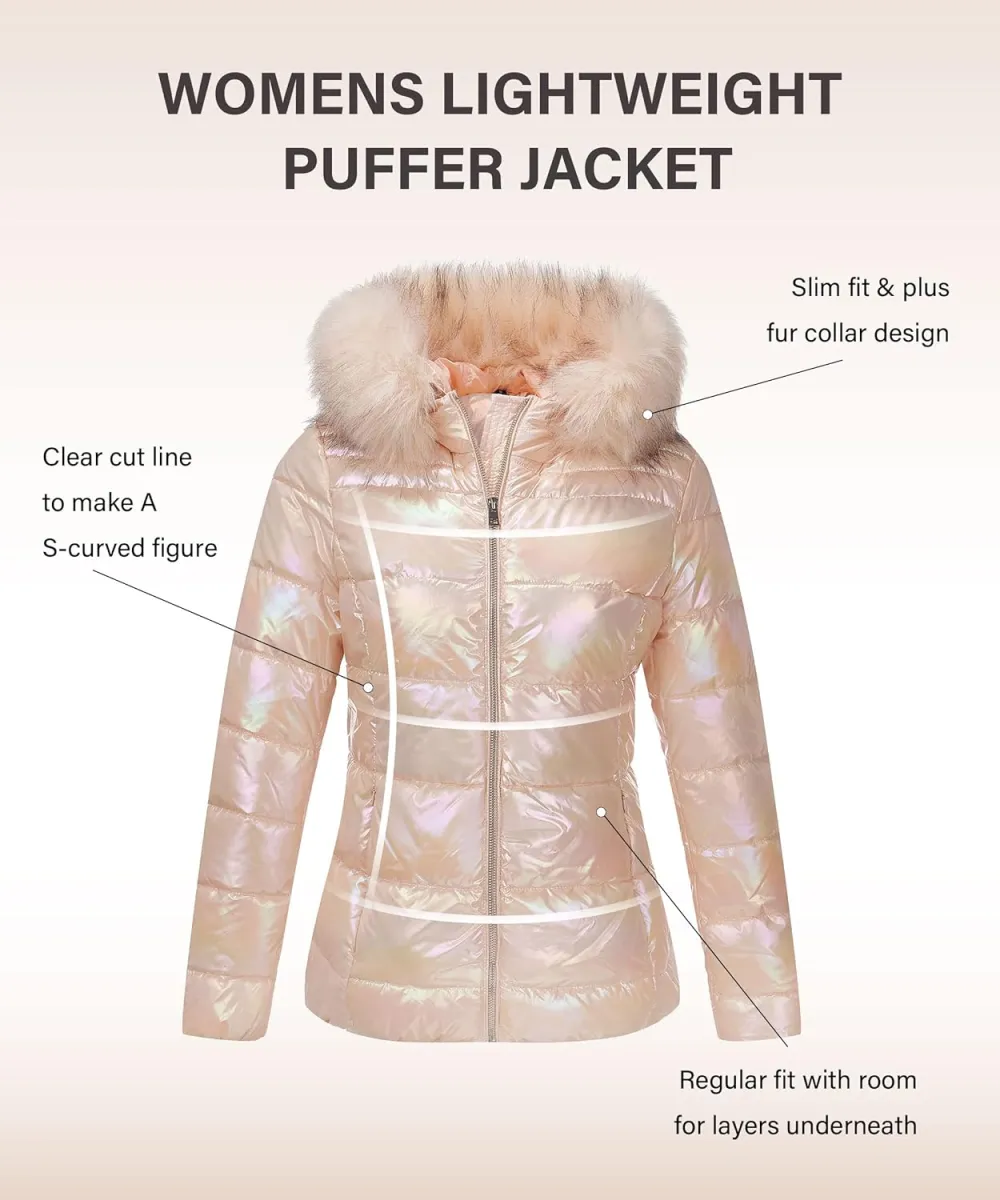 Womens Lightweight Puffer Jacket, Winter Coats for Women Warm Quilted Bubble Padded Hood Coat with Faux Fur Collar