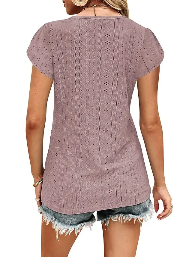 Women's T shirt Tee Light Blue Black White Plain Button Short Sleeve Casual Basic V Neck Regular S