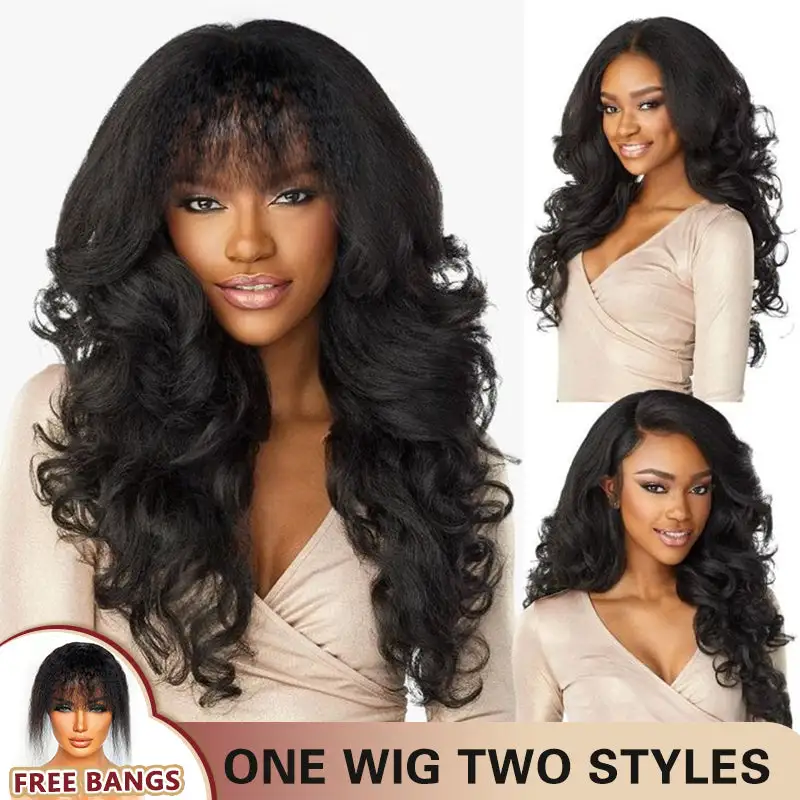One Wig Two Styles | Glueless 5x5 Kinky Straight/Yaki Straight Lace Closure Wig, Free Removable Bangs