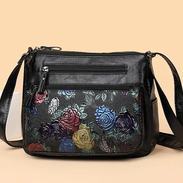Women's Crossbody Bag Shoulder Bag PU Leather Outdoor Office Zipper Adjustable Large Capacity Lightweight Flower Black