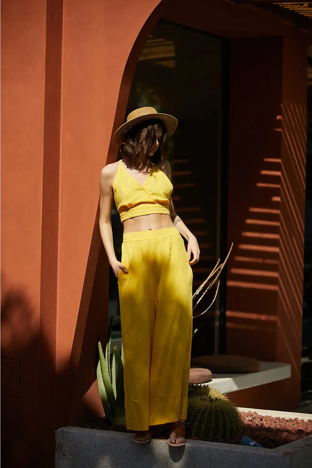 Spaghetti Strap Camisole Crop Top Casual Wide Leg Long Pants Linen Set