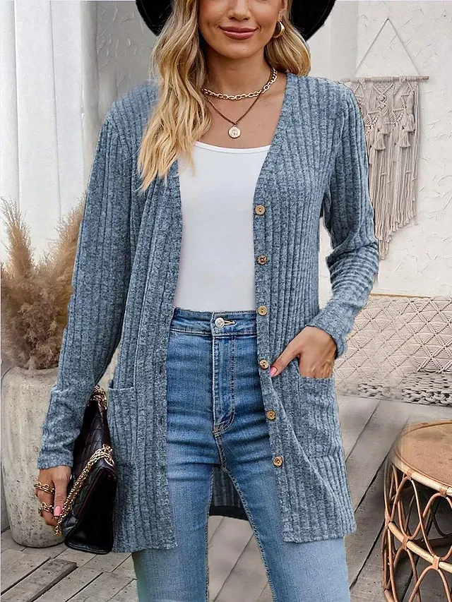 Women's Cardigan Casual Solid Color Plain Ribbed Asymmetrical V Neck Buttons Pocket Twisted Long Sleeve Regular Tops Knit Daily Wine Army Green Spring Fall