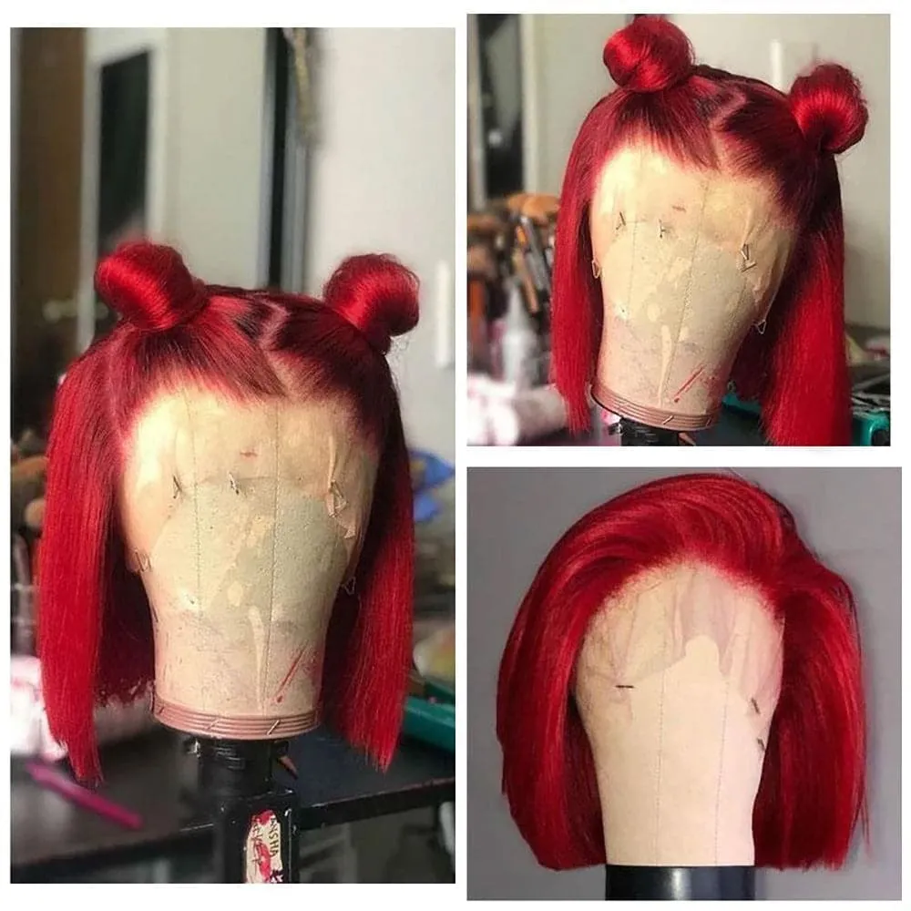 Sterly Red Wig Straight 13x4 Lace Frontal Colored Short Bob Human Hair Wigs