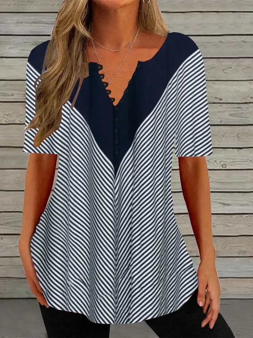 Women's Half Sleeve V-neck Striped Tops