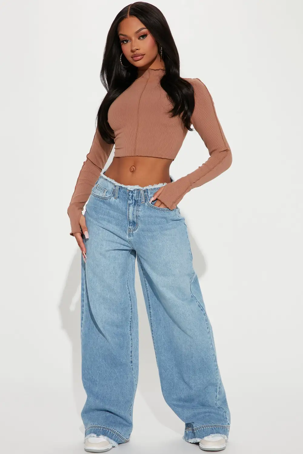 In Your Dreams Cut Off Waistband Baggy Jean - Medium Wash