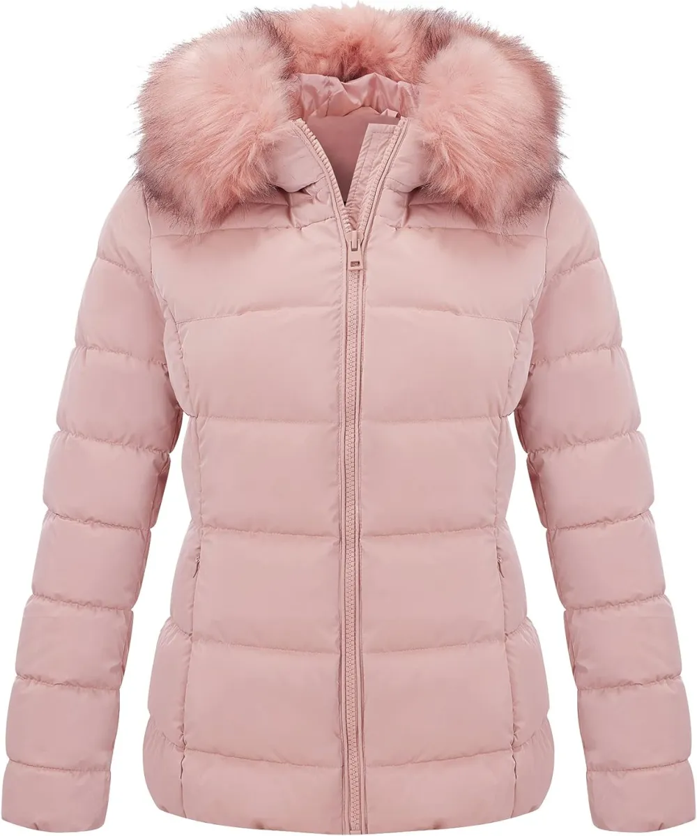 Womens Lightweight Puffer Jacket, Winter Coats for Women Warm Quilted Bubble Padded Hood Coat with Faux Fur Collar