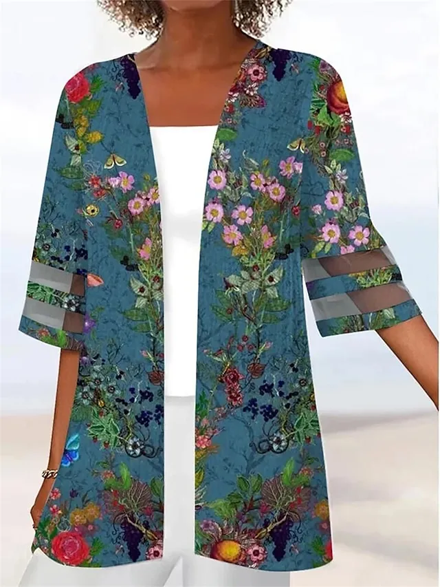Women's Jacket Casual Jacket Outdoor Patchwork Floral Breathable Fashion Regular Fit Outerwear 3/4 Length Sleeve Summer Light Pink S