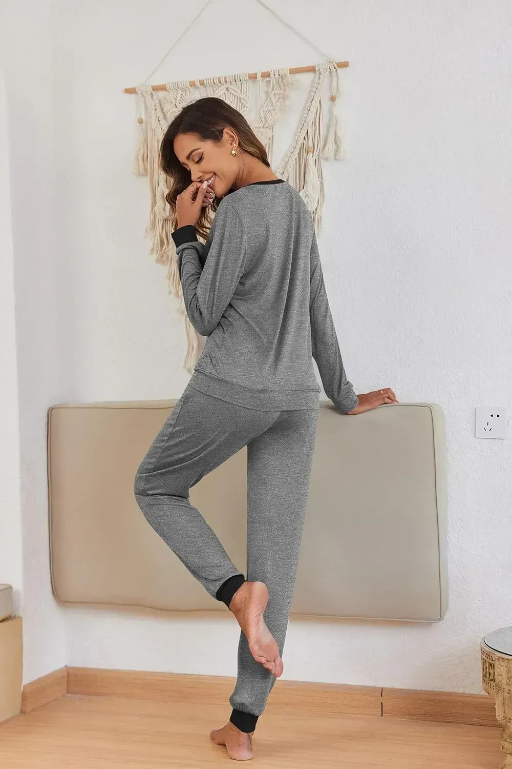 Women's Pajamas Sets Long Sleeve with Plaid Pants Soft Sleepwear O Neck 2 Piece Pjs Joggers Loung Set with Pockets