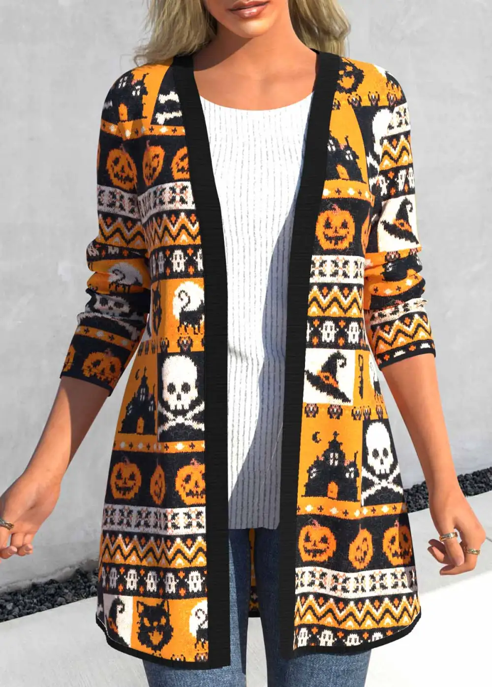 Orange Halloween Print Long Sleeve Cardigan