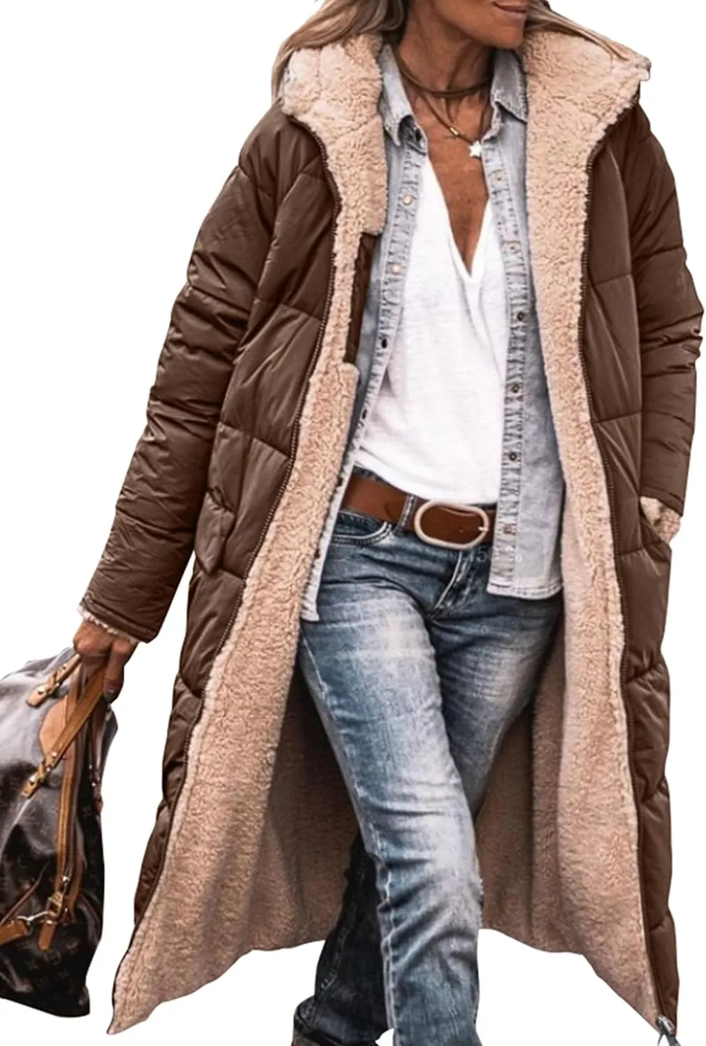 Women's 2023 Warm Winter Coats Reversible Sherpa Fleece Long Hooded Puffer Jackets Outerwear