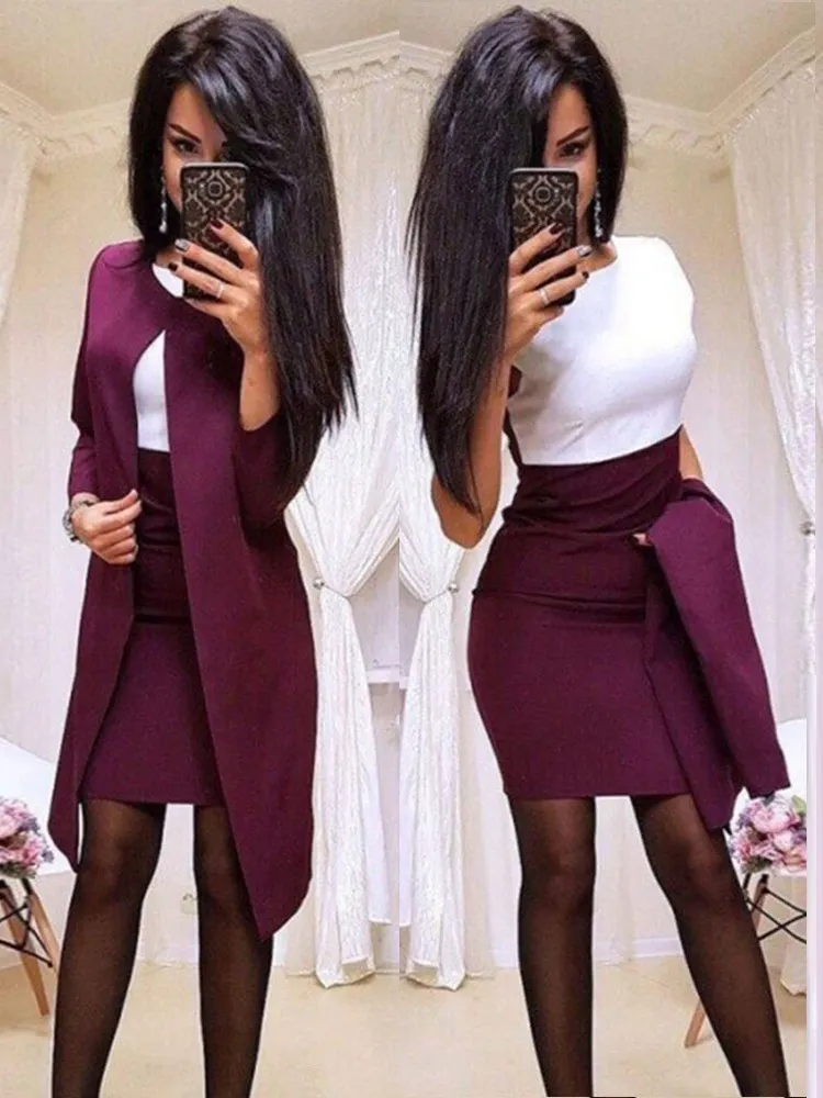 Long Sleeve Buttoned Blazer coat and Skirt Set