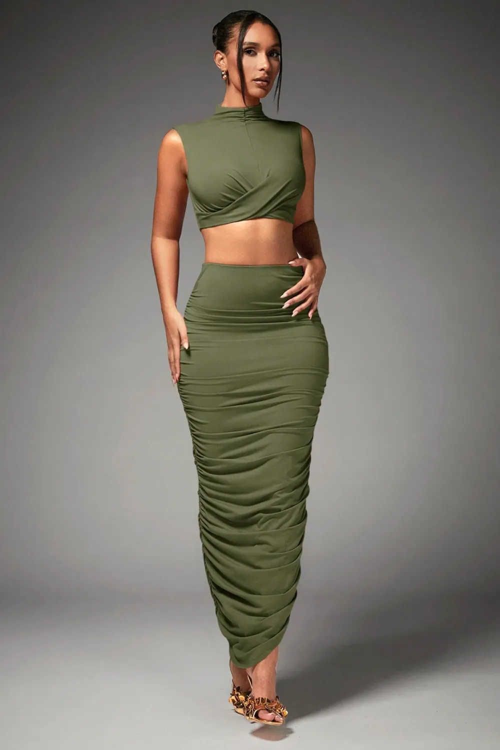 BAE Women's Mock Neck Pleated Crop Top And Skirt Set