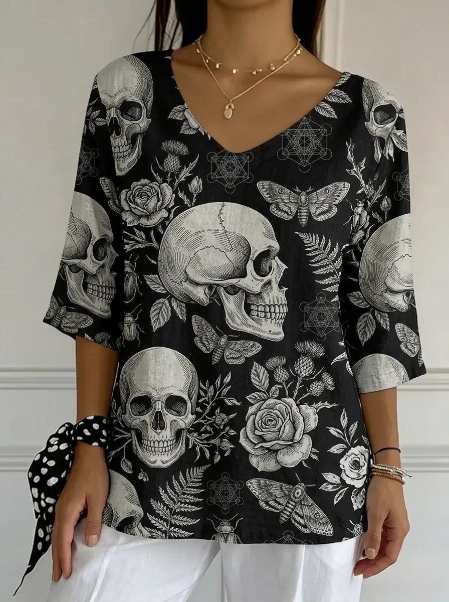 Women's Nashville Gothic Skull Rose Moth Printed V-neck Top