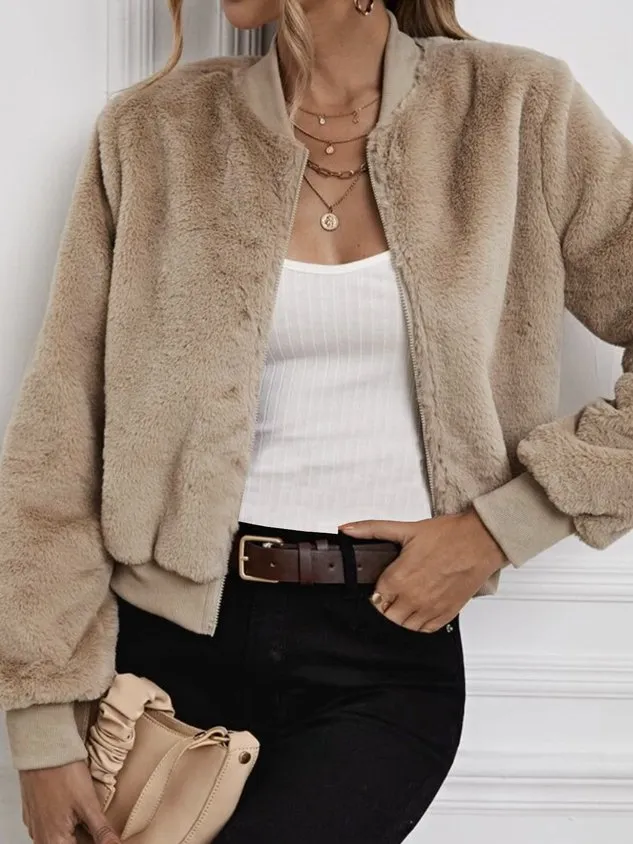 Angora-Blend Plain Casual Teddy Jacket