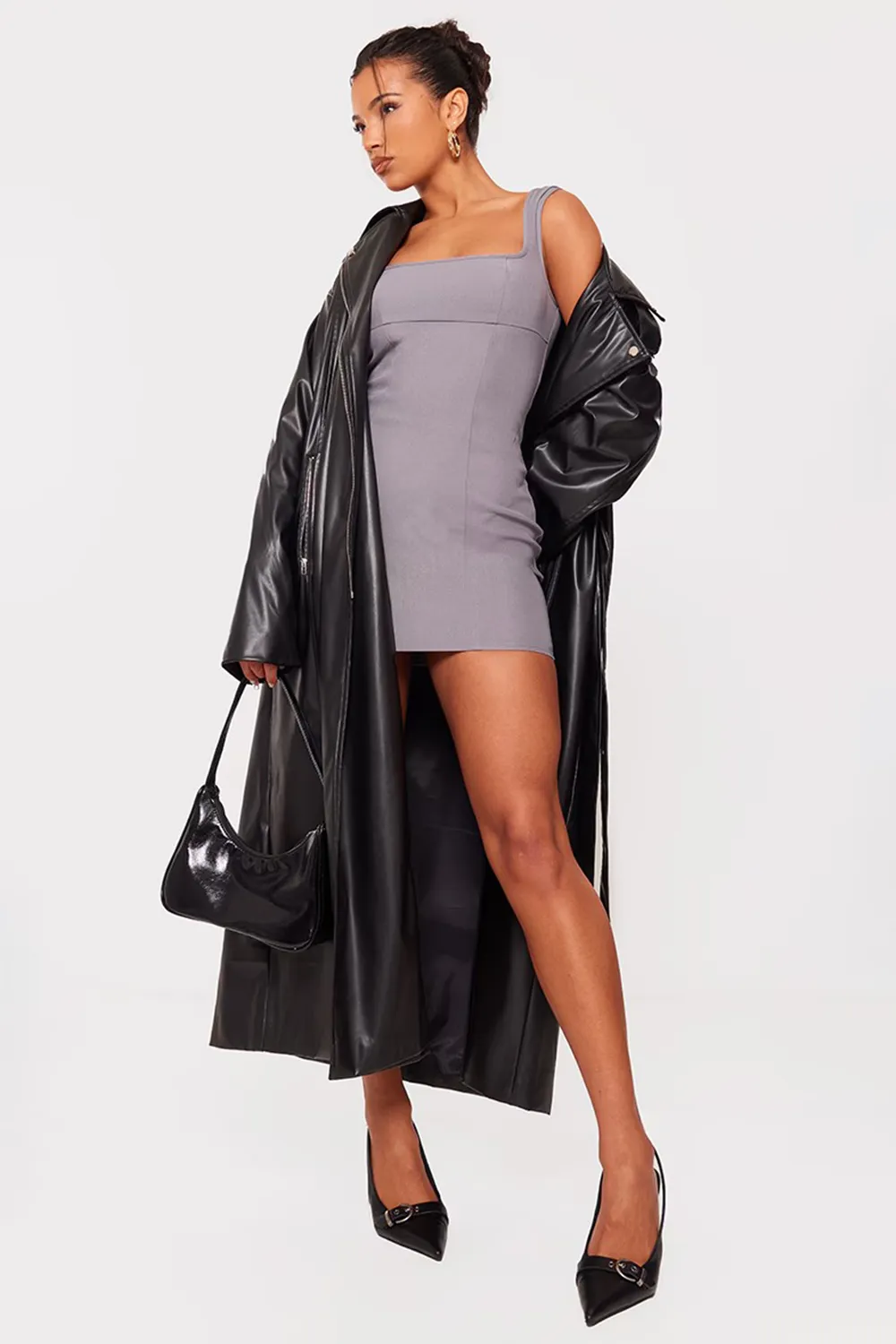 Grey Stretch Woven Lace Back Sqaure Neck Mini Dress