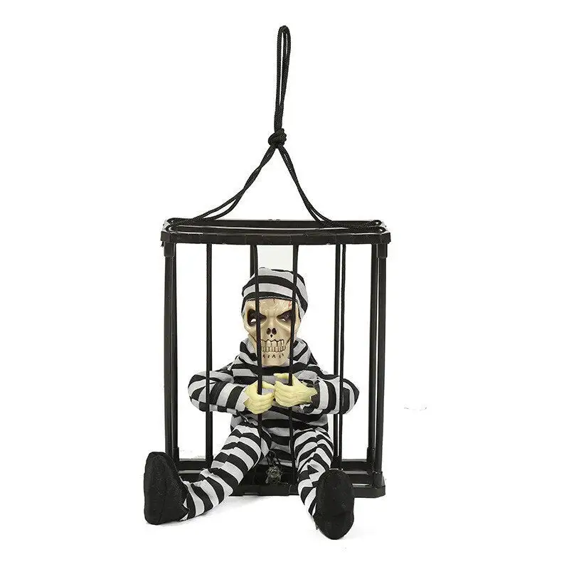 Screaming Animated Halloween Decorations Halloween Decor Prop Scary Skull Cage Prisoner Haunted House Decor, Ghost Light Up Eyes