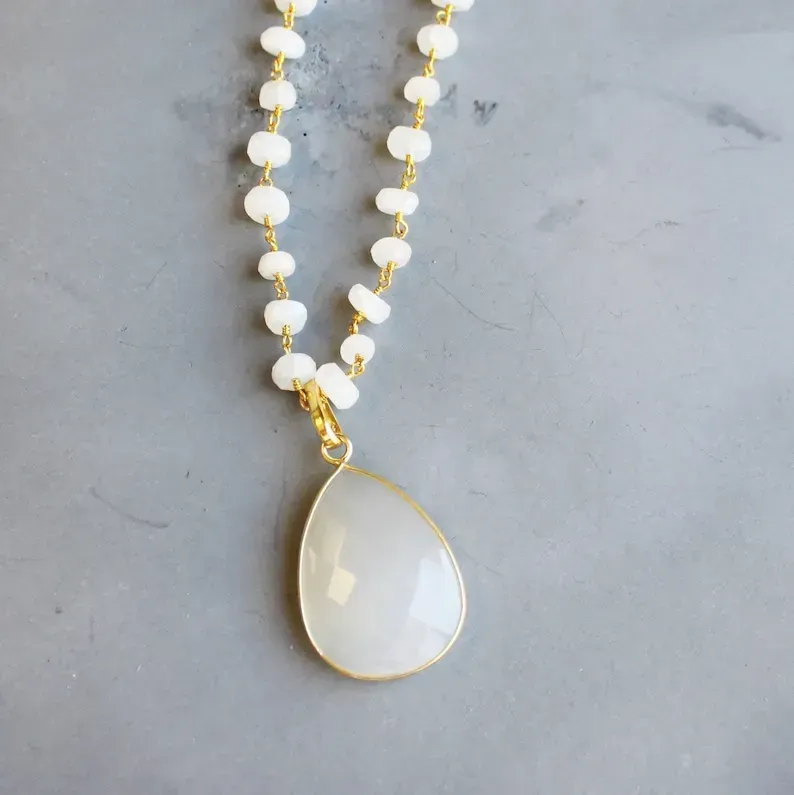 Long Necklace Moonstone Long Pendant Necklace Gold Necklace Long Stone Necklace Gemstone Statement Necklace Teardrop Long Layer Necklace