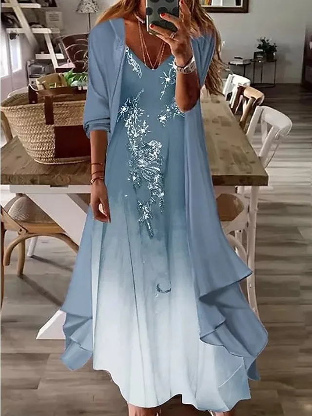 Women‘s Casual Dress Dress Set Two Piece Dress Long Dress Maxi Dress Blue Half Sleeve Print Ruched Summer Spring Fall V Neck Basic Daily Date 2023 S M L XL XXL 3XL