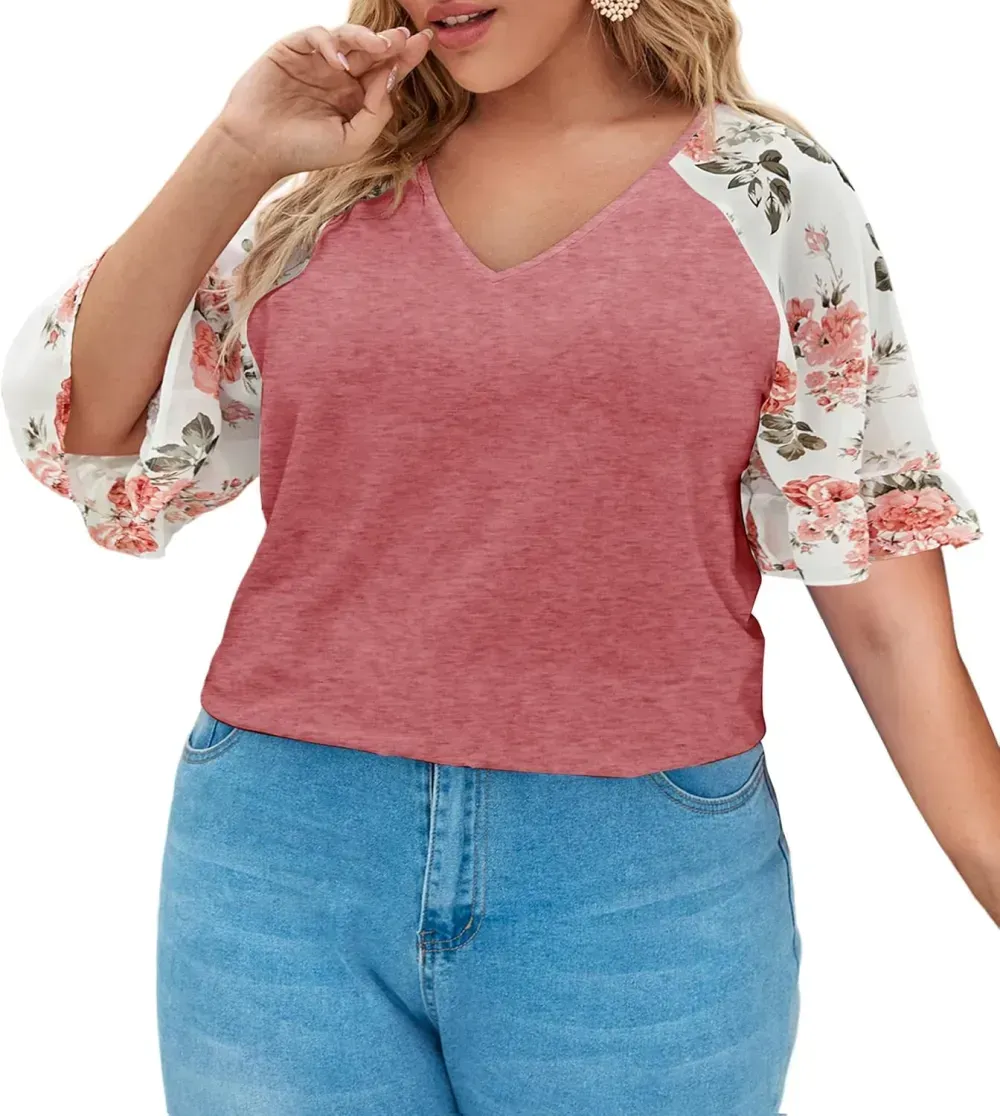 HDLTE Womens Plus Size Tops Floral Bell Sleeves Blouses Summer Crewneck Tunic Loose Casual T Shirts