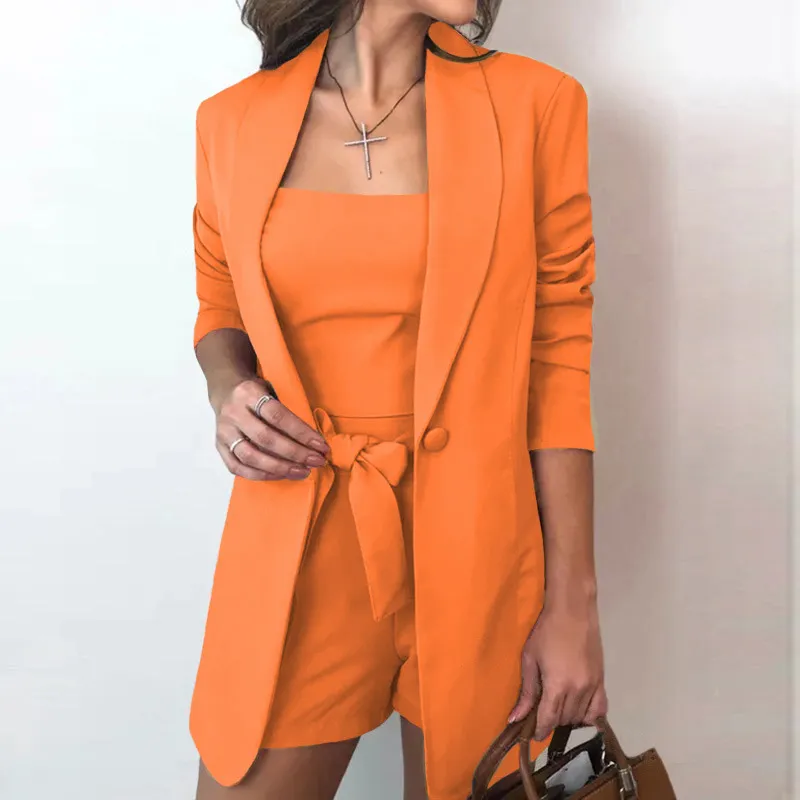 belted long sleeve BLAZER AND short pants SET
