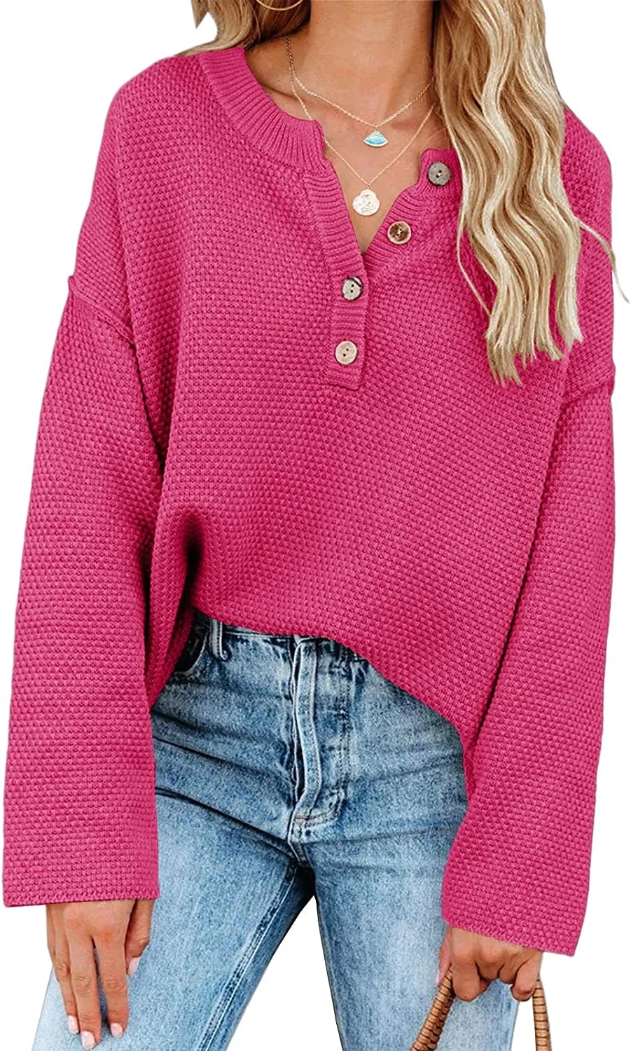 Women's Oversized Sweaters Batwing Long Sleeve Loose V Neck Button Henley Tops Pullover Knit Jumper