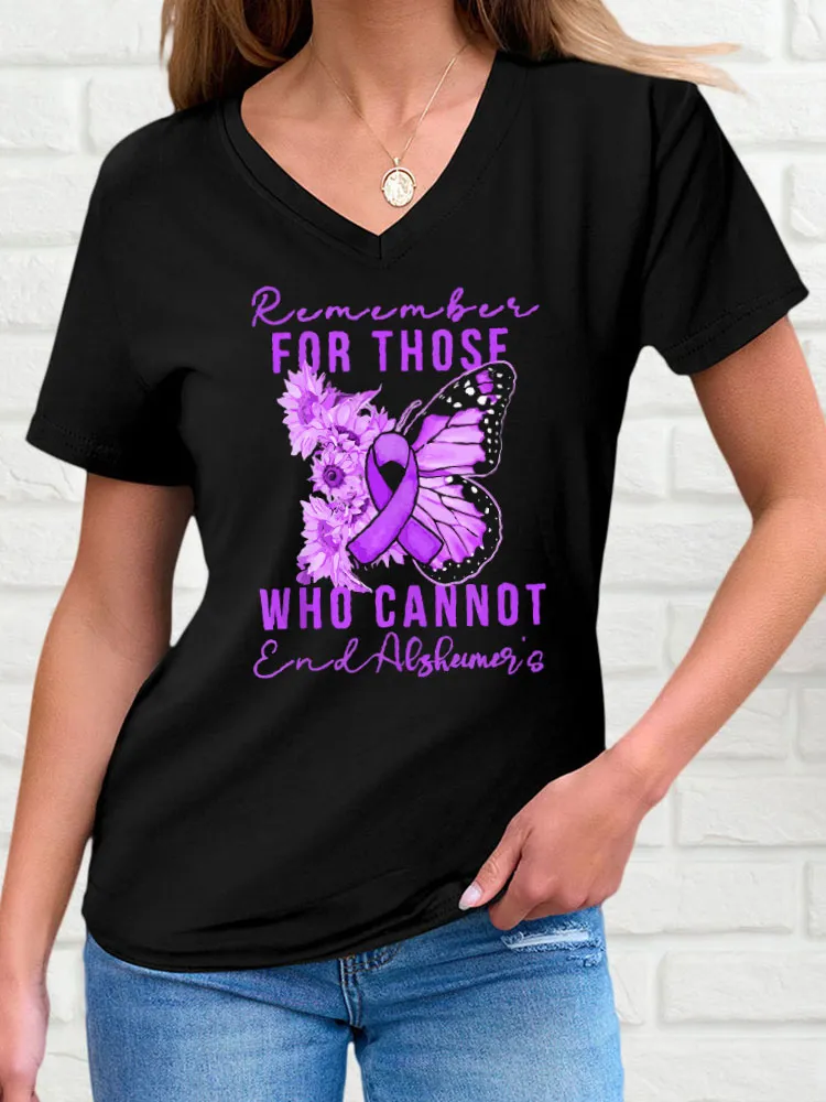 Women'S V-Neck Short-Sleeved T-Shirt Remember For Those Who Cannot Alzheimer'S Awareness Prints