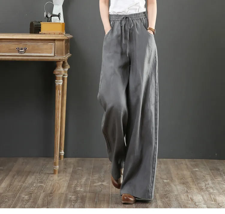 Pure Color Cotton and Linen Wide Leg Pants-Grey