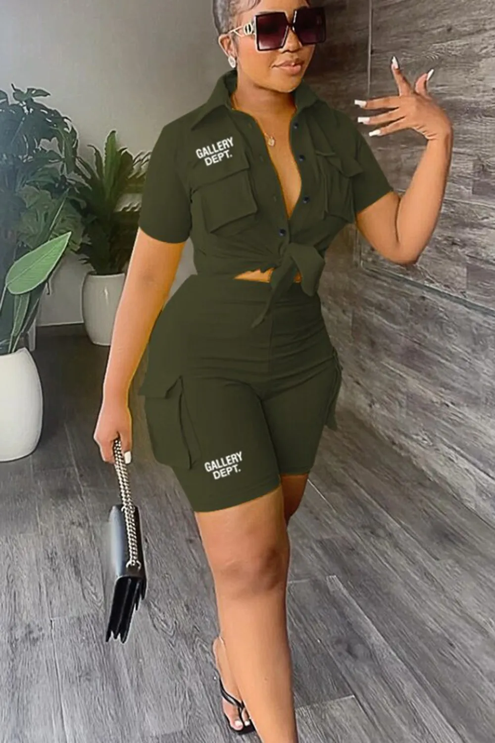 Letter Print Solid Color Blouse With Trendy Cargo Shorts Set