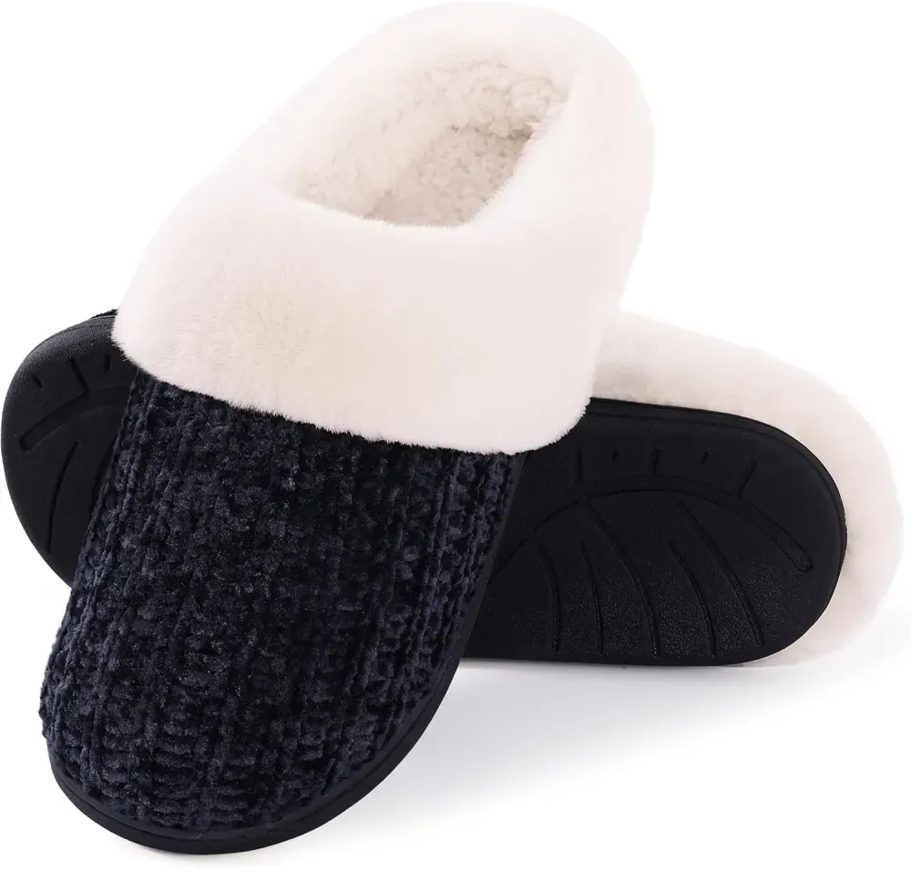 Warm Knit House Slippers for Women Comfy Wool-Like Lined Chenille Slippers with Memory Foam and Indoor Outdoor Soles