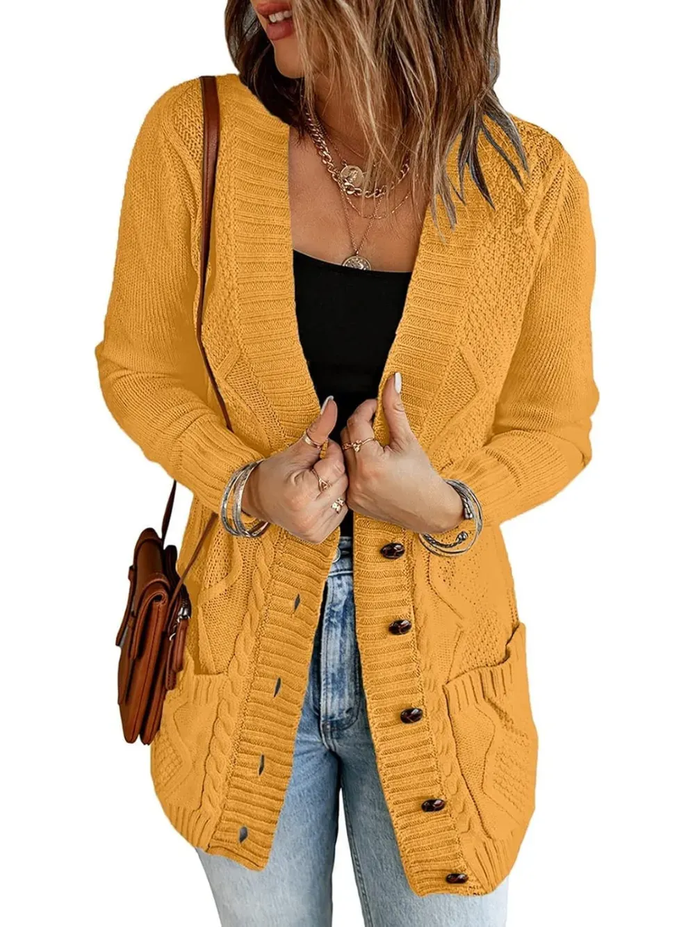 Womens Long Sleeve Open Front Buttons Cable Knit Pocket Sweater Cardigan