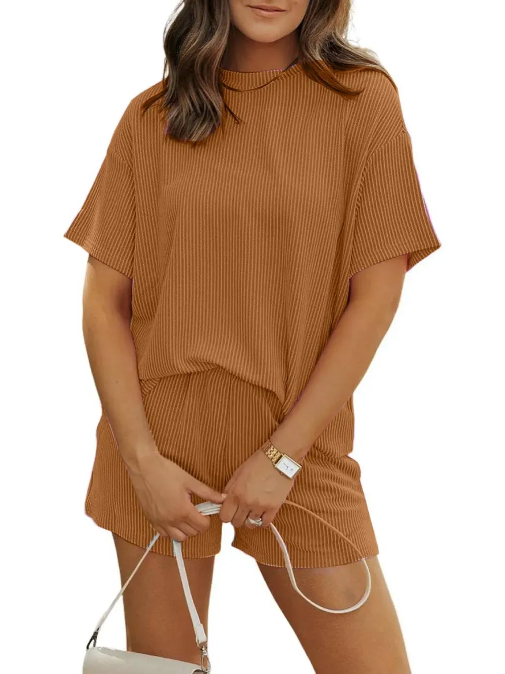 Women'S Crew Neck Ribbed Textured Shorts Set